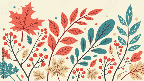 Autumn Foliage Symphony: An artistic collection of vibrant fall leaves, branches, and berries creates a delightful autumnal tapestry.