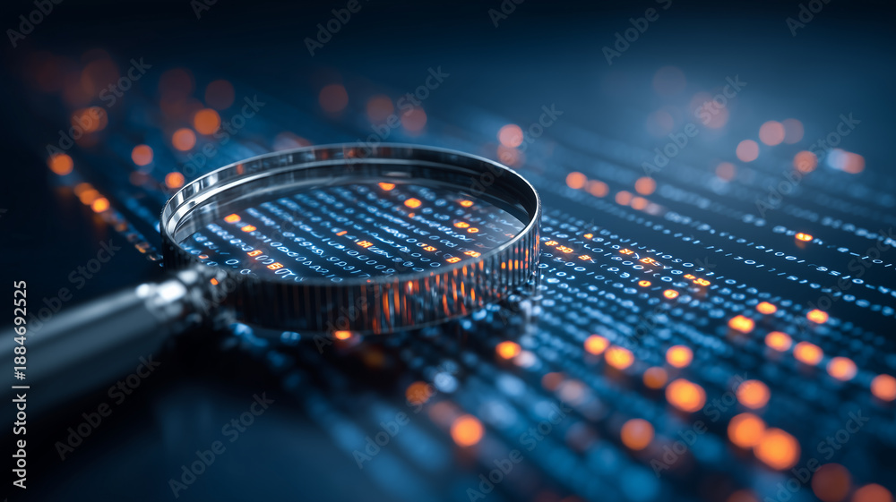 Obraz premium Magnifying glass examining computer code and data streams symbolizing cybersecurity investigation and digital forensics. 