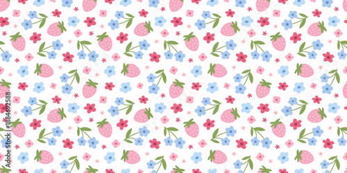 Cute floral spring summer pattern with strawberries