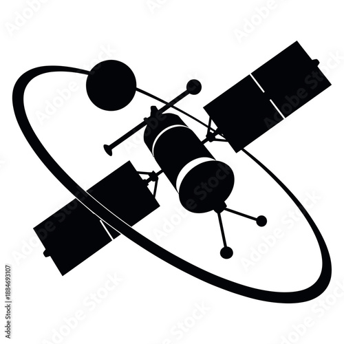 Space satellite silhouette orbiting planet with solar panels and communication antennas for global network and telecommunications technology isolated on white background for design