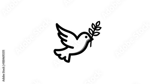 A white bird flies holding an olive branch in its beak. Outlined in black, shadow detail
