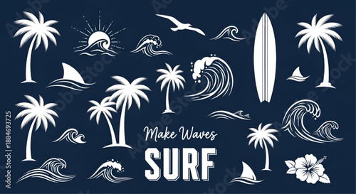 Modern Beach Stationery Graphics: Minimal Surf and Tropical Vector Set