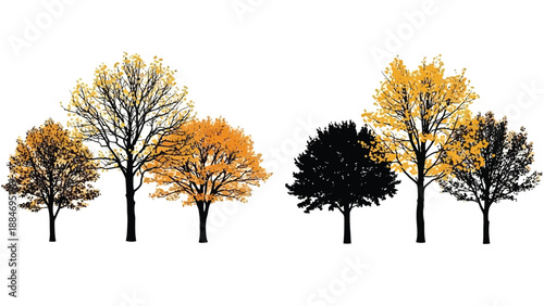 Silhouettes of autumn trees in varying shades of yellow and black