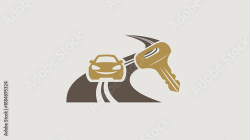 A car silhouette, a road, and a key, all in neutral colors on a light background