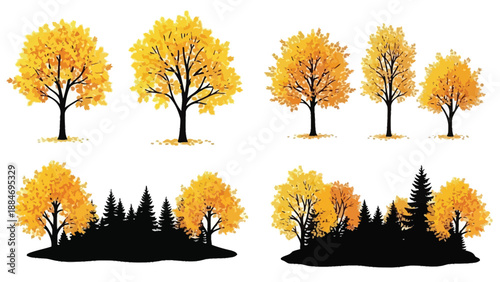 Autumn trees in various shapes and sizes with dark silhouettes
