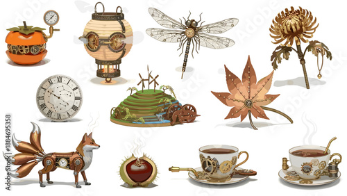 Collection of vintage decorative objects and natural elements