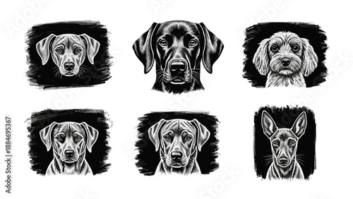 Collection of six different dog portraits in black and style