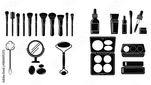 Black and white illustration depicting various makeup tools and cosmetic products