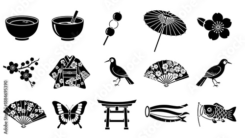 Collection of traditional japanese objects and symbols in black