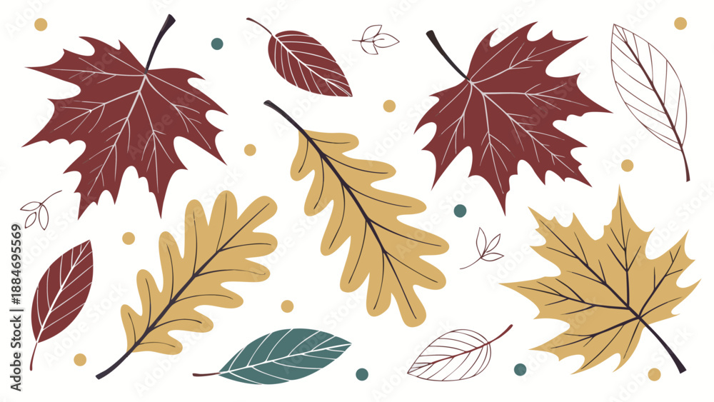 Obraz premium Autumn Leaf Collection: A vibrant collection of autumnal leaves in various shapes and colors gracefully scatters, capturing the essence of the fall season.