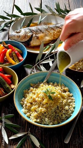 Gourmet Mediterranean Cuisine Featuring Freshly Prepared Fish and Quinoa Salad