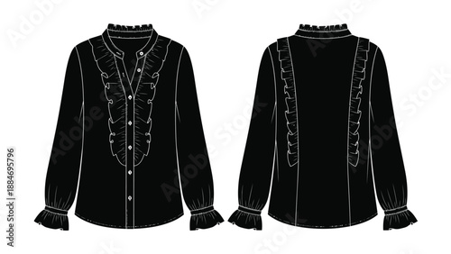 Detailed fashion sketch of a black ruffled blouse with front and back views