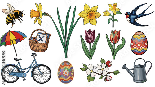 Collection of spring flowers, gardening tools, bicycle, and easter eggs