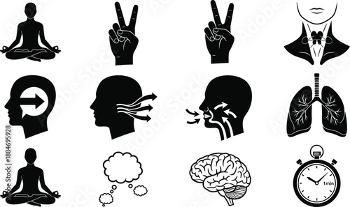 Mindfulness meditation and breathing exercise icon set, lungs, brain, yoga poses, peace signs, thought bubbles, thyroid, and stopwatch timer symbols.