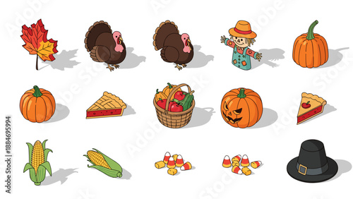 Collection of fall harvest items including pumpkins corn and scarecrow