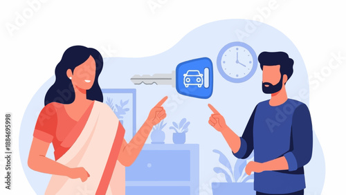 Couple points at car key near clock and plants in abstract interior