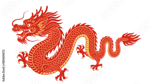 Illustration of a traditional red chinese dragon with intricate scales