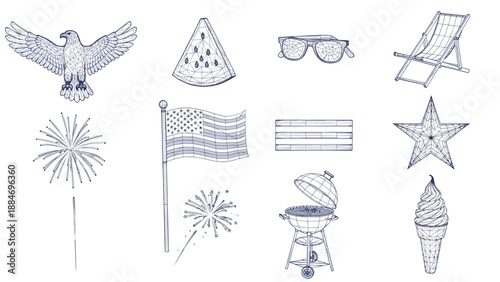 Collection of patriotic symbols and fireworks illustrations