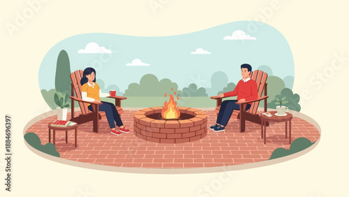Couple relaxes by a fire pit with drinks and books in a yard