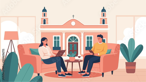 Couple relaxes on sofas in front of building, laptops nearby