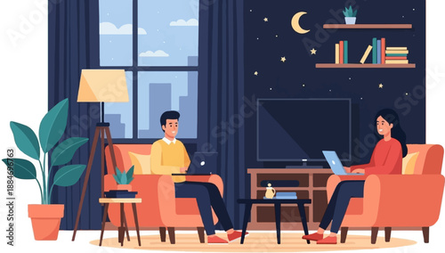 Couple relaxing at home at night, working on laptops in cozy chairs