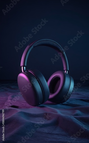 Modern wireless headphones resting on textured fabric