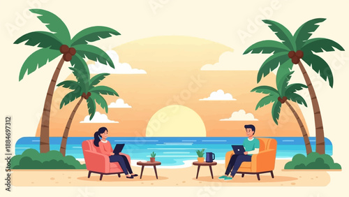 Couple working remotely on laptops at beach during sunset
