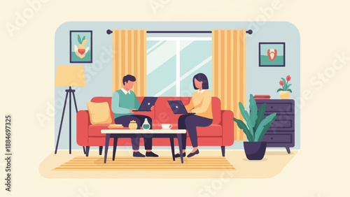 Couple working remotely on laptops in a cozy living room (1)