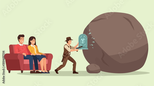 Couple watches adventurer dodge rolling boulder near tombstone