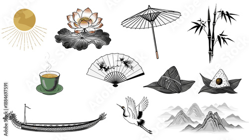 Collection of traditional asian paper umbrellas and tea set