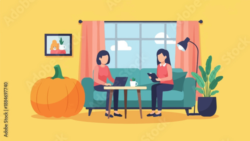 Cozy living room scene with two women, laptop, pumpkin, and plant