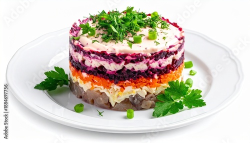 Layered Russian salad “Herring Under a Fur Coat” plated in cylindrical shape with vibrant vegetable layers and dill garnish.