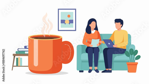 Cozy indoor scene with a large steaming coffee mug, books, and a couple chatting