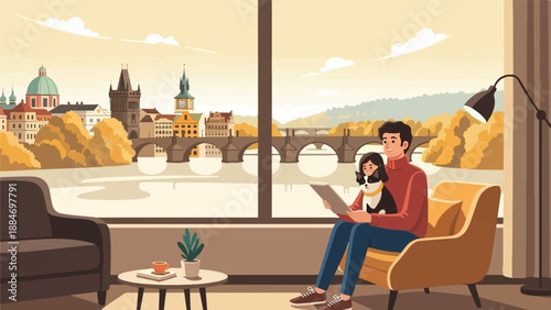 Cozy indoor scene with a man, dog, and city view