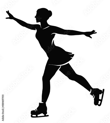 Black silhouette of female figure skater performing artistic pose isolated on white background. Woman ice skating dancer in motion at winter sport competition or championship. Clip art design element