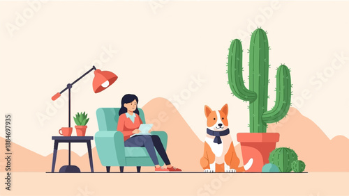 Cozy indoor scene with a woman reading, a dog, and plants