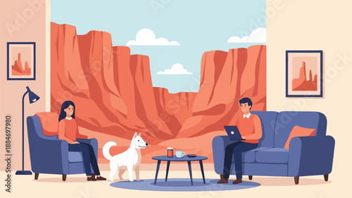 Cozy indoor scene with desert landscape view and attentive dog