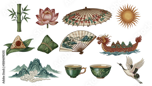 Collection of traditional asian cultural items and symbols