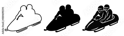 Outline, solid, detailed silhouette of bobsleigh athletes seated in sled racing downhill. Winter sliding sport team in aerodynamic position. Flat minimal sport illustration isolated on white backdrop