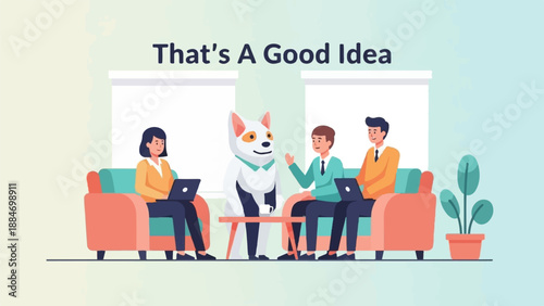 Creative team meeting with a dog at a brainstorming session