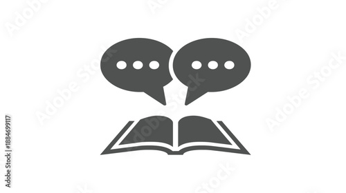A grayscale icon depicts an open book beneath two overlapping speech bubbles. The bubbles have dots