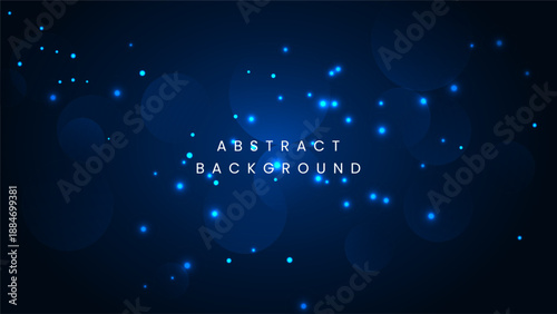 Abstract blue background or dark navy backdrop with glowing bokeh light particles and circular spots for technology or science digital concepts
