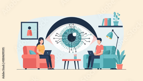 Digital eye monitors people working on laptops in a cozy living room