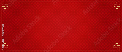 Luxury red and gold chinese new year landscape background or horizontal banner with gold knot frame border and oriental wave pattern for lunar festival greeting cards