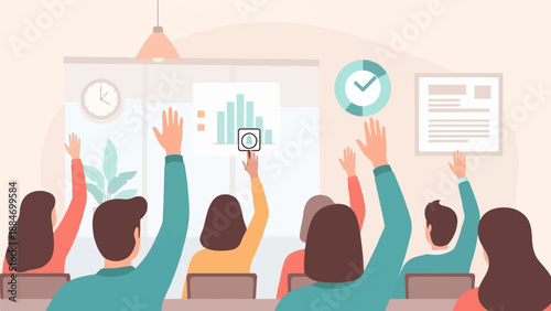 Diverse group of people in a classroom raising hands during a presentation