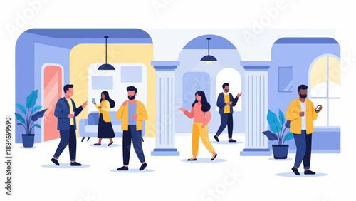 Diverse group of people in a modern interior, interacting with phones and each other