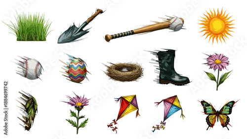Collection of summer outdoor objects including flowers and toys