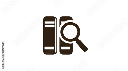 Two book icons and a magnifying glass in dark brown on a white background