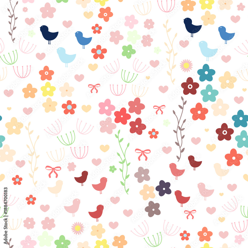 Fototapeta premium Cute birds and flowers. Seamless spring design pattern
