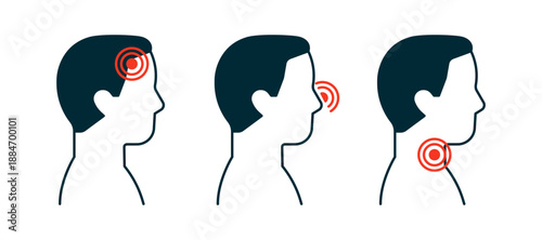 Man experiencing pain in head, nose, and throat icon. Signs for headache, sinusitis, and sore throat symptoms. Medical infographic for health. Vector illustration